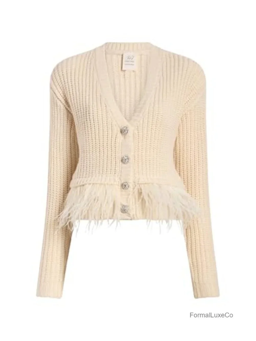 Cropped Feather Trim Cardigan - Long Sleeve Knit Sweater, 100% Acrylic, Dry
